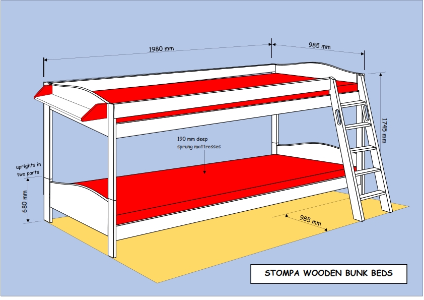 STOMPA WOODEN BUNK BEDS in white with two red sprung mattresses